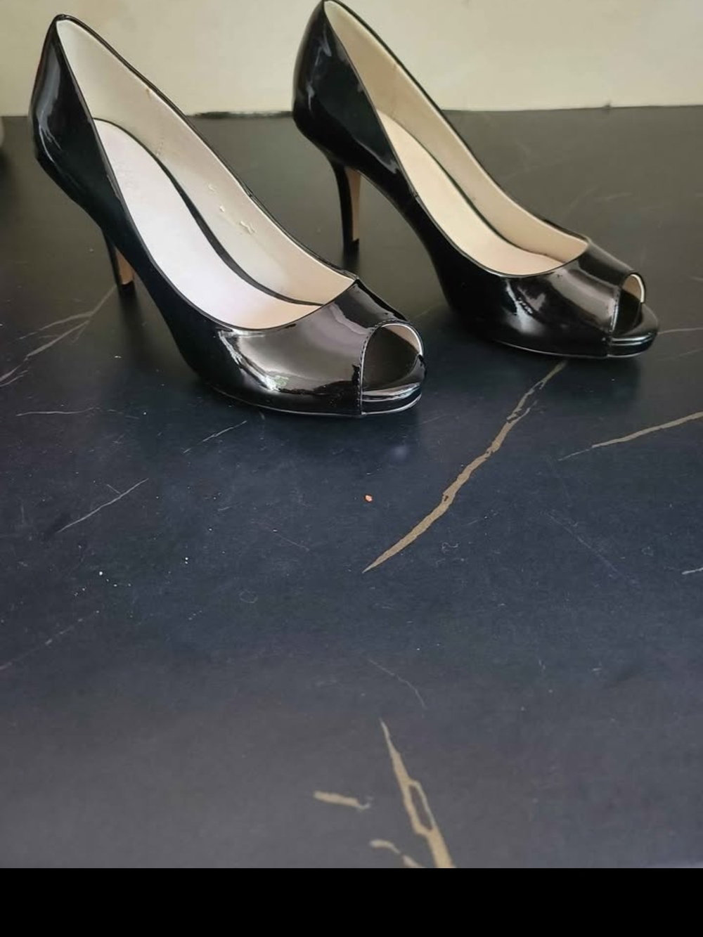 Black Patent Peep-Toe Pumps